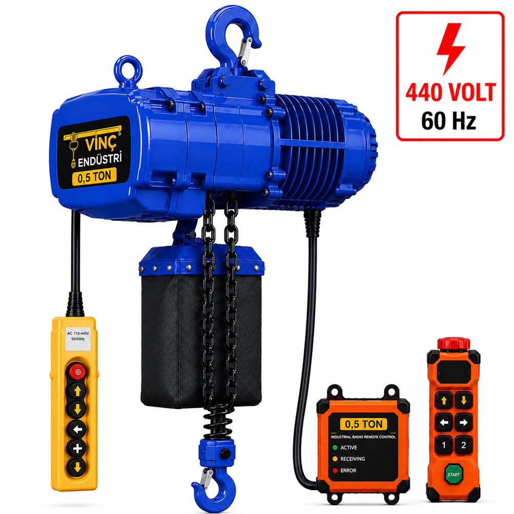 0,5-ton-sabit-zincirli-vinc-440volt 0.5 T Sabit Zincirli Vinç 440 Volt 60 Hz - Görsel 1