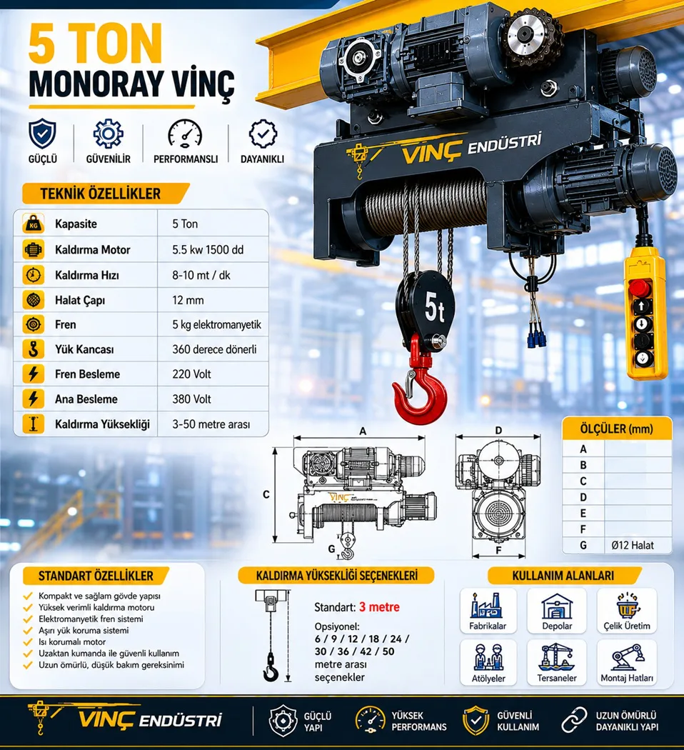 5 Ton Monoray Halatlı Vinç LVC Model - Görsel 2