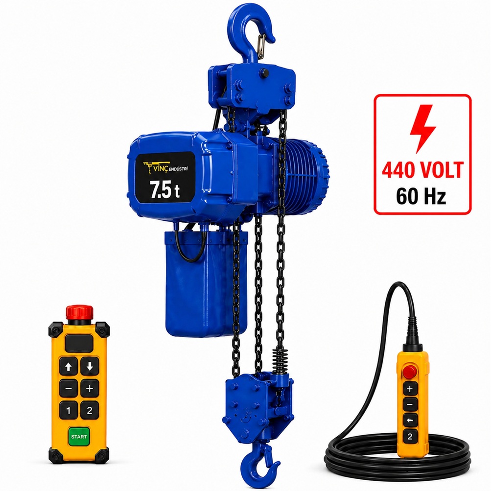 7.5-ton-sabit-zincirli-vinc-cift-zincir-440volt 7.5 T Sabit Zincirli Vinç 440 Volt 60 Hz - Görsel 1