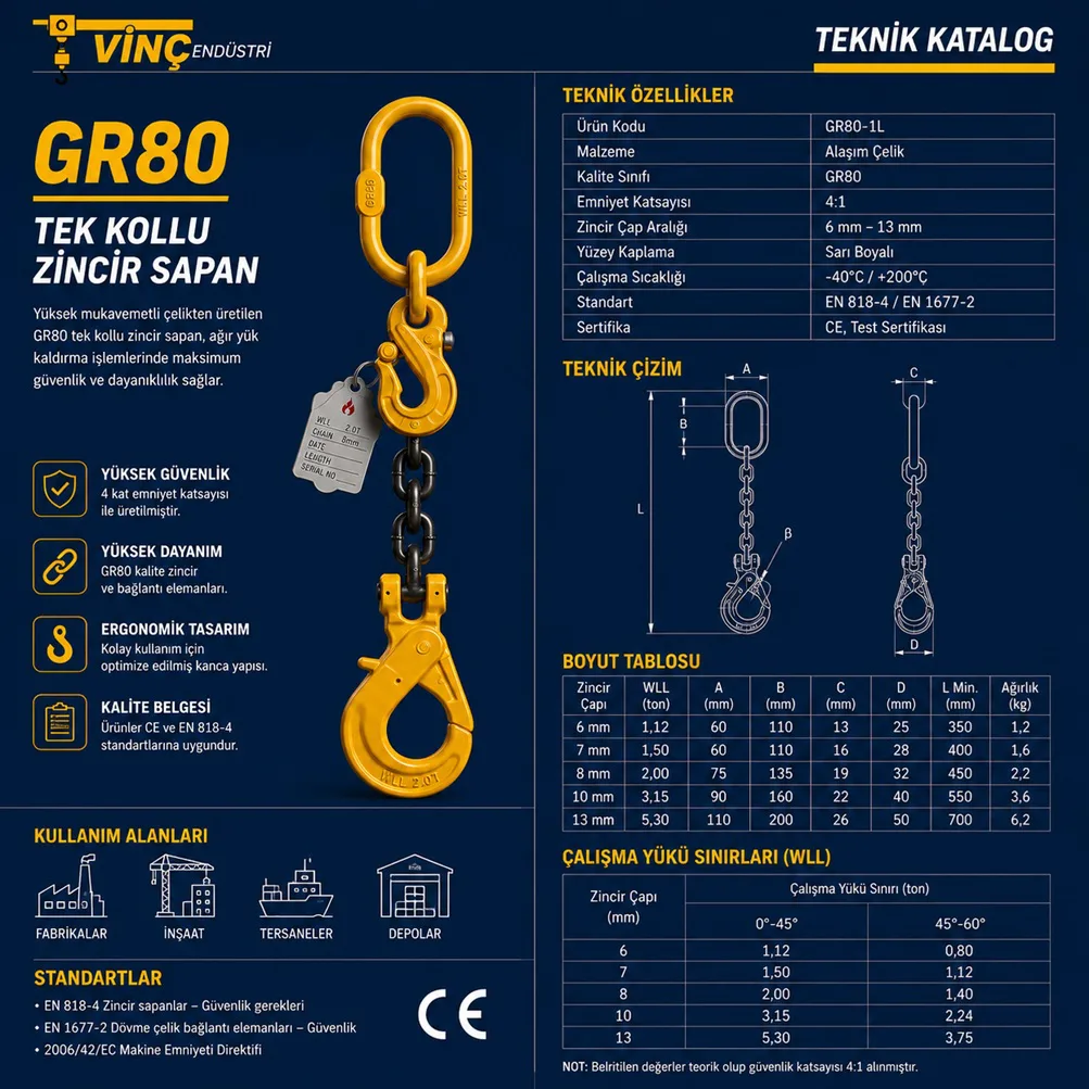 GR80 Tek Kollu Zincir Sapan Otomatik Kısaltma Kancalı - Görsel 2