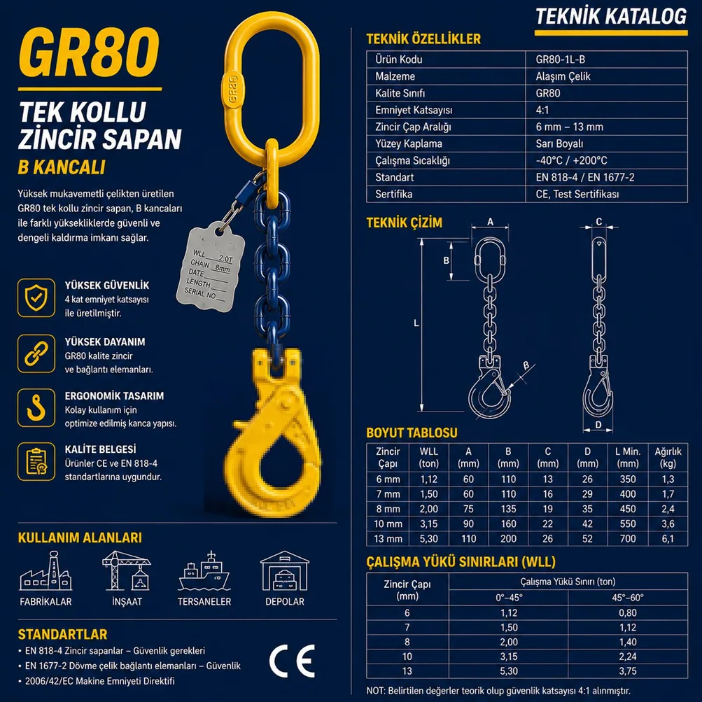GR80 Tek Kollu Zincir Sapan B Kancalı - Görsel 2